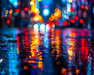 Wall Mural - A blurry image of a city street with rain and lights