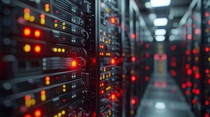 Poster - Rows of servers glow with red and green lights, reflecting a busy network environment in a modern server room during the late evening.
