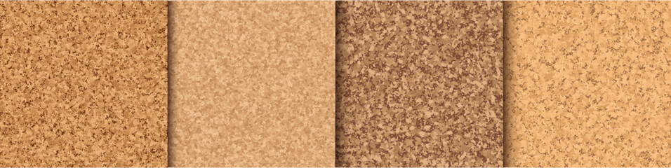Cork seamless texture. Corkboard pattern, wooden brown tiles. Natural cork chipboard material. Noticeboard grainy detailed surface. Vector backgrounds set.