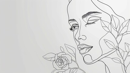 Women face in one line art style with flowers and leaves.Continuous line art in elegant style for prints, tattoos, posters, textile, cards etc. Beautiful woman face Vector illustration