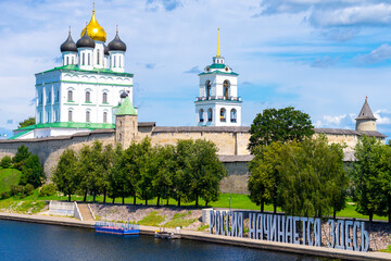 Wall Mural - View of the Pskov Kremlin (Krom), the Velikaya River and the inscription 