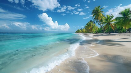 Wall Mural - Serene Tropical Beach with Palm Trees and Turquoise Waters