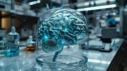 Poster - A holographic brain pulsates with light in a modern laboratory, showcasing advanced technology and scientific exploration.