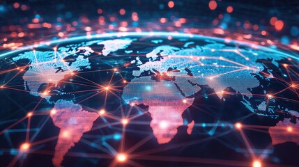 Poster - Global networking concept with a world map, highlighting connections through computers and digital devices