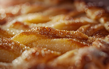 A close up of a dessert pie with a brown crust and a sprinkle of sugar