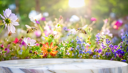 Canvas Print - White Marble Podium with Blooming Flowers and Bees in a Sunny Garden