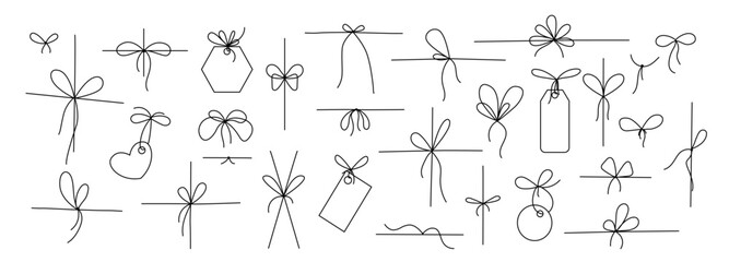 Wall Mural - line gift bow. thin twine for gift parcel wrap, black line rope cord with simple knot and bow ribbon