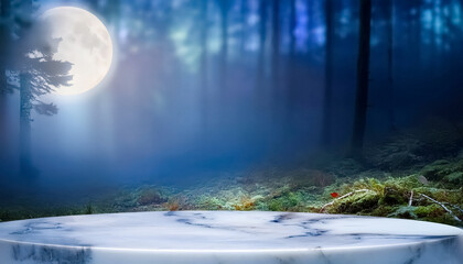 marble podium with forest and moon backdrop