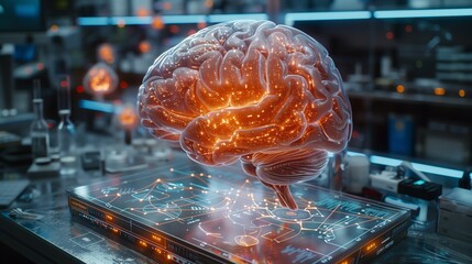 Wall Mural - A modern lab showcases advanced neural technology, with a glowing brain model illuminating detailed research and scientific equipment around it.