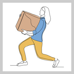 Wall Mural - Continuous single line sketch drawing of delivery courier woman holding cardboard box package container order. One line delivery shipment worker people vector illustration