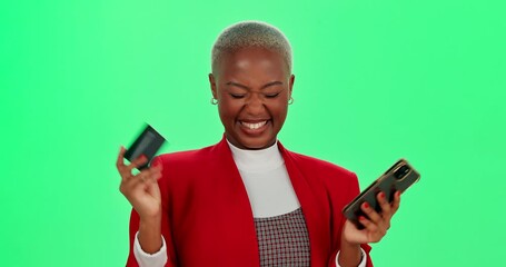 Sticker - Credit card, phone and black woman on green screen for ecommerce of bargain or sale in studio. App, fintech and online shopping with happy African customer on mockup for payment, purchase or retail