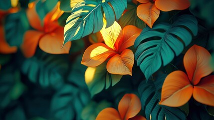 Wall Mural - Lush Tropical Foliage with Vibrant Orange Flowers