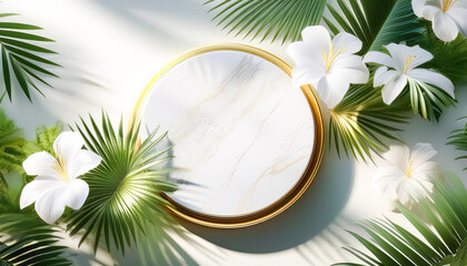 Sticker - Golden Frame with White Flowers and Tropical Leaves