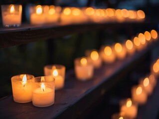 Glowing candle rows  serene photography capturing warmth in darkness for remembrance themes