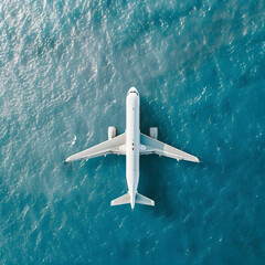 Aerial top down view of a white passenger airplane flying above bright blue sea water