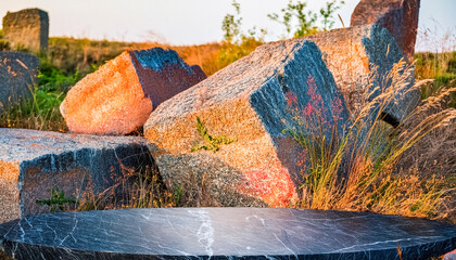 Wall Mural - Black Granite Slab with Grass and Stones in the Background