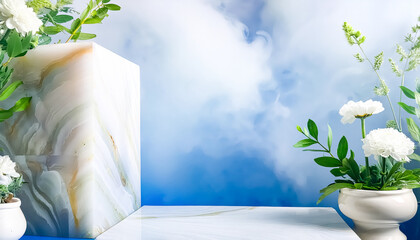 Poster - White Flowers, Green Plants and Marble Pedestal on Blue Background