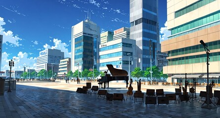 Canvas Print - busy city plaza with musicians background panoramic wide angle view anime cartoon