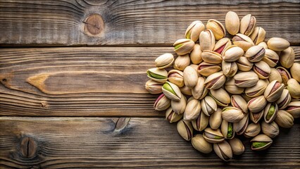 Poster - A bunch of pistachio seeds on a wooden background, pistachios, nuts, green, healthy, snack, food, organic, raw, shell, pile