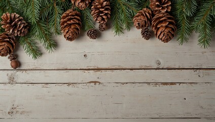 Christmas composition. Christmas fir tree branches, gifts, pine cones on wooden white rustic background. Flat lay, top view. Copy space. Banner backdrop