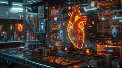 Poster - Modern lab technologies facilitate detailed heart visualization with interactive data displays and advanced monitoring equipment.
