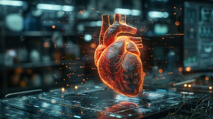 Poster - A modern laboratory showcases an interactive heart model, illustrating advanced medical technology and research in action.