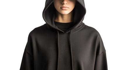 Young female person wearing a black hoodie with hood up