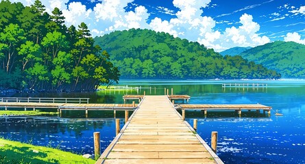 Canvas Print - quiet lakeside with fishing pier background panoramic wide angle view anime cartoon