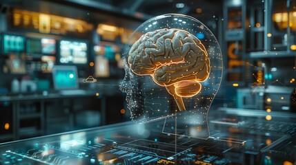 Poster - A sleek modern lab showcases advanced neuroscience technology with glowing brain models and digital interfaces emphasizing innovation in research.