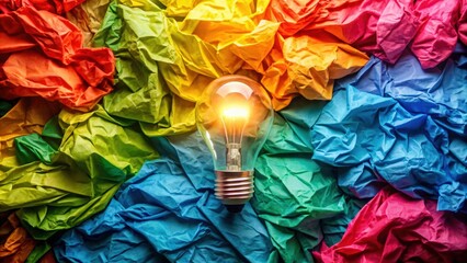 Poster - Colorful crumpled paper surrounding a creative lightbulb idea, innovation, creativity, inspiration, brainstorming