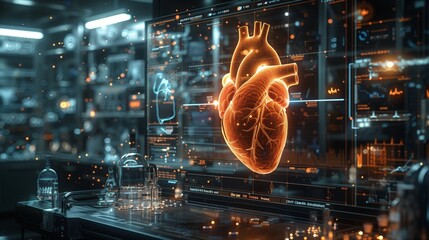 Wall Mural - An advanced lab showcases interactive heart imaging technology with luminous graphics and high-tech research equipment in a modern research facility.