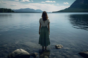 woman standing at a big lake, photo of a woman standing at a big lake