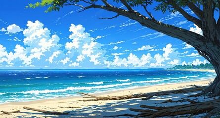 Wall Mural - serene beach with driftwood background panoramic wide angle view anime cartoon