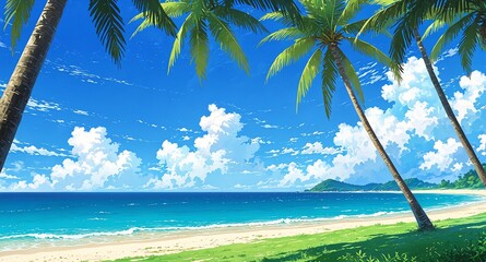 Wall Mural - serene beach with palm trees background panoramic wide angle view anime cartoon