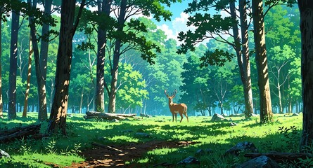 Wall Mural - serene forest clearing with deer background panoramic wide angle view anime cartoon