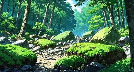 Canvas Print - serene forest with mossy rocks background panoramic wide angle view anime cartoon