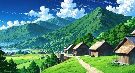 Canvas Print - serene mountain village with huts background panoramic wide angle view anime cartoon