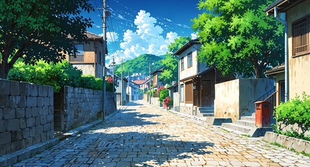 Wall Mural - serene village with cobblestone paths background panoramic wide angle view anime cartoon