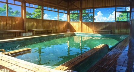 Wall Mural - traditional bathhouse with wooden tubs background panoramic wide angle view anime cartoon