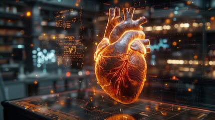 Poster - a modern lab showcases advanced biomedical technology with a 3d heart model glowing amid high-tech e