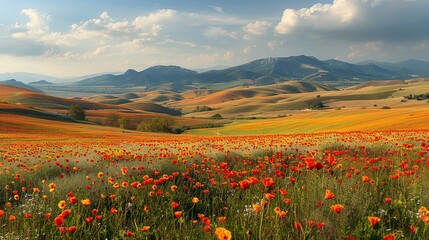 Poster - Vibrant Poppy Field in a Mountainous Landscape