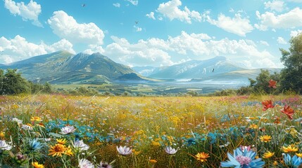 Wall Mural - Vibrant Alpine Meadow with Majestic Mountains in the Distance