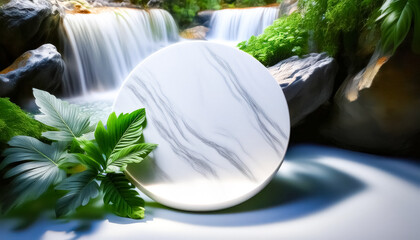 Canvas Print - White Marble Podium with Lush Greenery and Waterfall Background