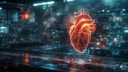 Poster - A high-tech lab showcases interactive displays of cardiac technology and advanced medical research tools.