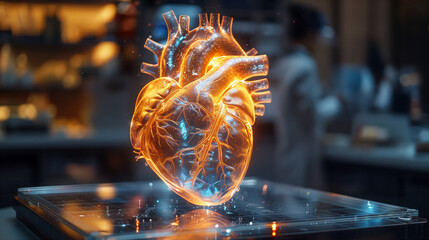 Poster - A holographic heart model is prominently displayed in a high-tech lab, showcasing intricate details amid ongoing research activities.