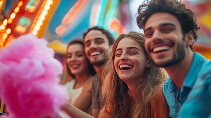 Wall Mural - A group of friends enjoying a day at an amusement park, with thrilling rides and colorful attractions in the background. They're laughing, taking selfies, and indulging in cotton candy.