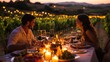© LKT - A couple having a romantic dinner at a vineyard, with a beautifully set table featuring candles, wine glasses, and gourmet dishes. They're enjoying each other's company with a backdrop of rolling