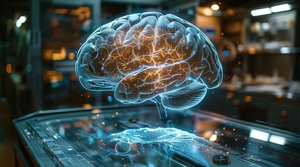 Poster - A futuristic lab showcases a holographic brain emitting electric sparks, highlighting advanced technology and innovation in a scientific environment.