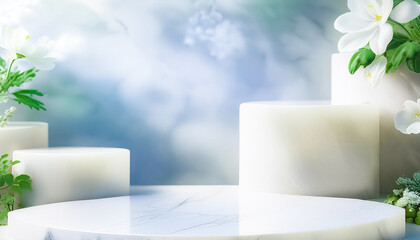 Poster - White Marble Podium with White Flowers and Blurred Background