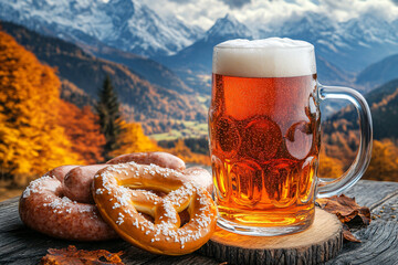 Wall Mural - Mug with cold fresh golden beer, pretzels, sausages on wooden table in beer garden with Alps mountain on background. Craft beer on glass on Oktoberfest, international beer day celebration. Copy space